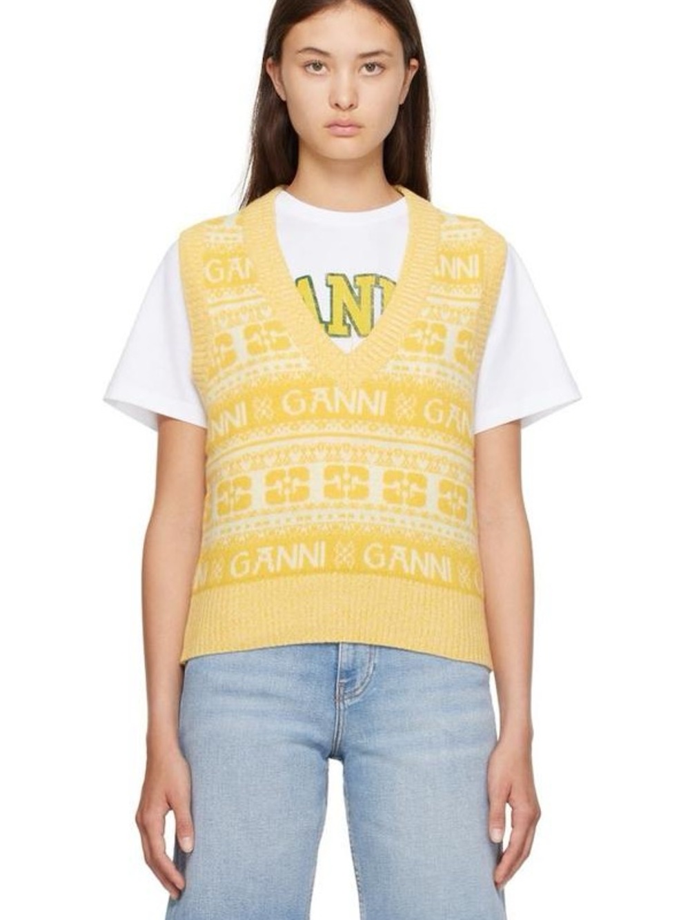 Ganni Logo Fair Isle V-Neck Sweater Vest Maize Yellow Size S
